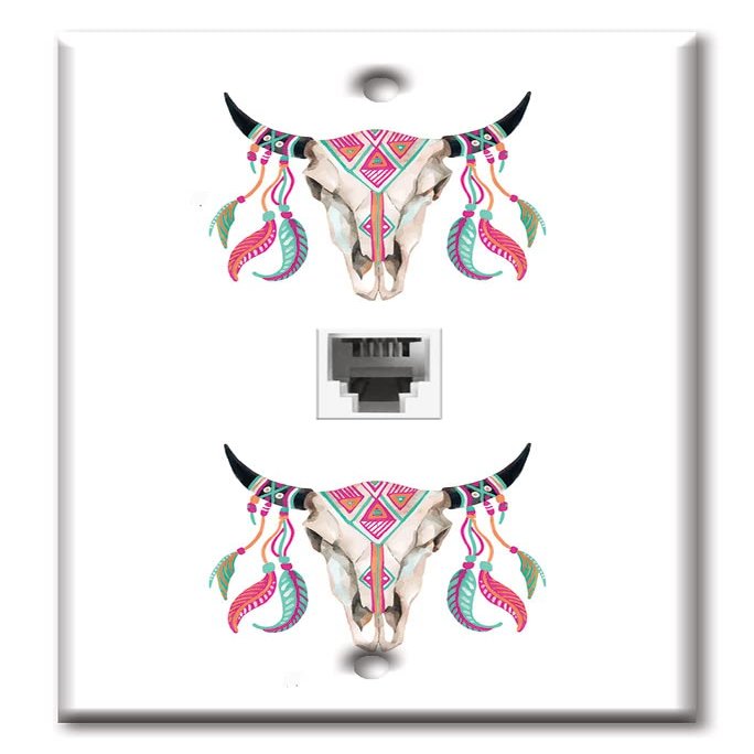 Art Plates - One Port RJ11 - Telephone decorative printed keystone style wall plate. CAT3 - RJ12 Female to Female phone jack. Works for phones, fax, ect. - Buffalo Skull