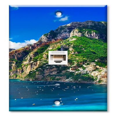 Art Plates - One Port RJ45 Ethernet decorative printed keystone style wall plate. Works with Cat5 through Cat8 cables. Female to Female Connection. - Greek Seaside Village