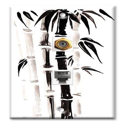 Art Plates - Decorative Printed 2 Port Data Wall Plate, F-Type Coaxial Cable Connector with RJ11 Telephone Connector, Gold-Plated - Bamboo II