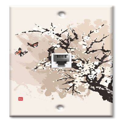 Art Plates - One Port RJ11 - Telephone decorative printed keystone style wall plate. CAT3 - RJ12 Female to Female phone jack. Works for phones, fax, ect. - Cherry Blossoms and Butterflies
