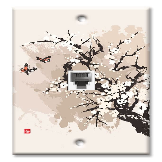 Art Plates - One Port RJ11 - Telephone decorative printed keystone style wall plate. CAT3 - RJ12 Female to Female phone jack. Works for phones, fax, ect. - Cherry Blossoms and Butterflies