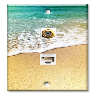 Art Plates - Decorative Printed 2 Port Data Wall Plate, RJ11 Telephone Jack Connector with RJ45 (Cat5, Cat6, Cat7) Ethernet Connector, Gold-Plated - Foamy Waves on the Beach