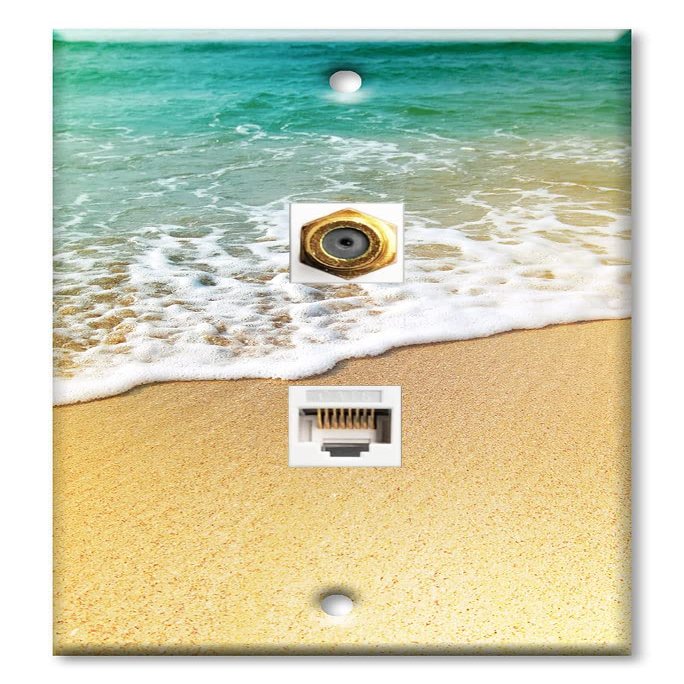 Art Plates - Decorative Printed 2 Port Data Wall Plate, RJ11 Telephone Jack Connector with RJ45 (Cat5, Cat6, Cat7) Ethernet Connector, Gold-Plated - Foamy Waves on the Beach