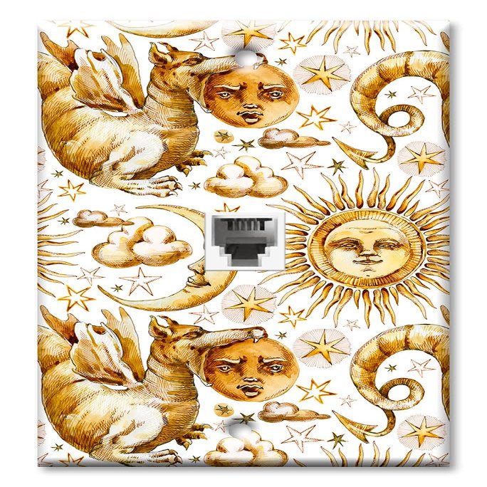 Art Plates - One Port RJ11 - Telephone decorative printed keystone style wall plate. CAT3 - RJ12 Female to Female phone jack. Works for phones, fax, ect. - Golden Moon, Sun and Dragon