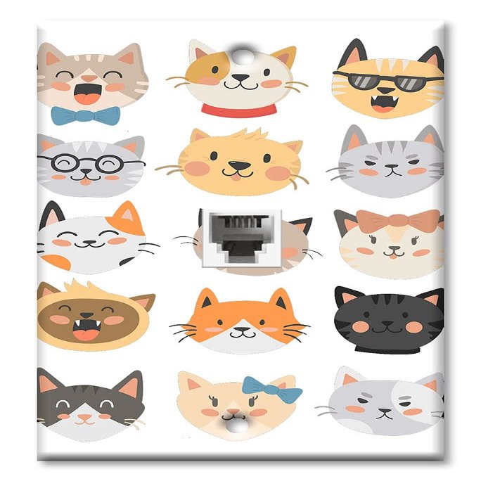 Art Plates - One Port RJ11 - Telephone decorative printed keystone style wall plate. CAT3 - RJ12 Female to Female phone jack. Works for phones, fax, ect. - Cute Cat Heads