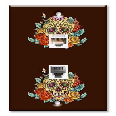 Art Plates - Decorative Printed 2 Port Data Wall Plate - RJ11 Telephone Jack Connector and RJ45 (Cat5, Cat6, Cat7) Ethernet Connector - Gold-Plated Contacts - Skull and Flowers