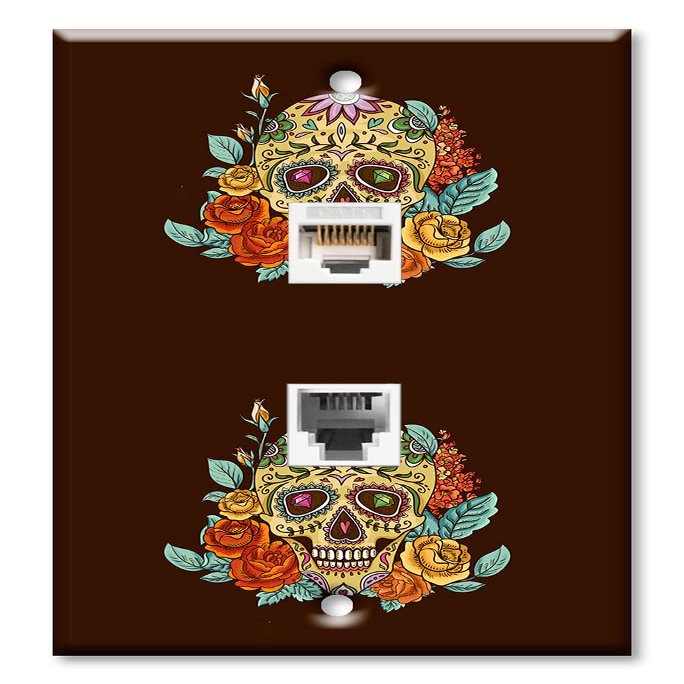 Art Plates - Decorative Printed 2 Port Data Wall Plate - RJ11 Telephone Jack Connector and RJ45 (Cat5, Cat6, Cat7) Ethernet Connector - Gold-Plated Contacts - Skull and Flowers