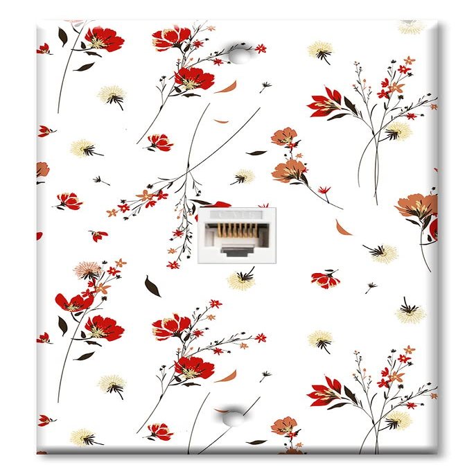 Art Plates - One Port RJ45 Ethernet decorative printed keystone style wall plate. Works with Cat5 through Cat8 cables. Female to Female Connection. - Red and Pink Flower Toss