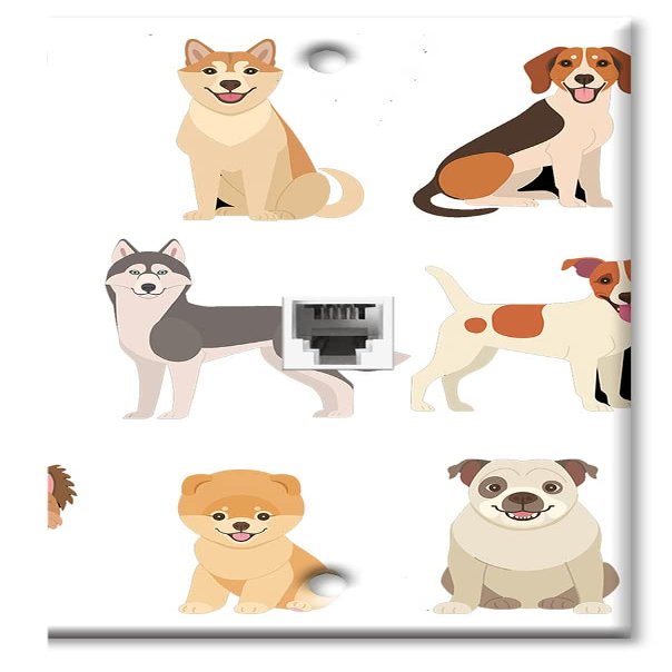 Art Plates - One Port RJ11 - Telephone decorative printed keystone style wall plate. CAT3 - RJ12 Female to Female phone jack. Works for phones, fax, ect. - Cute Dogs