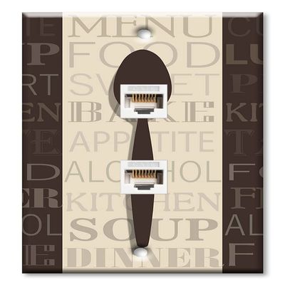 Art Plates - Two Port RJ45 Ethernet decorative printed keystone style wall plate. Works with Cat5 through Cat8 cables. Female to Female Connections. - Fork Knife and Spoon