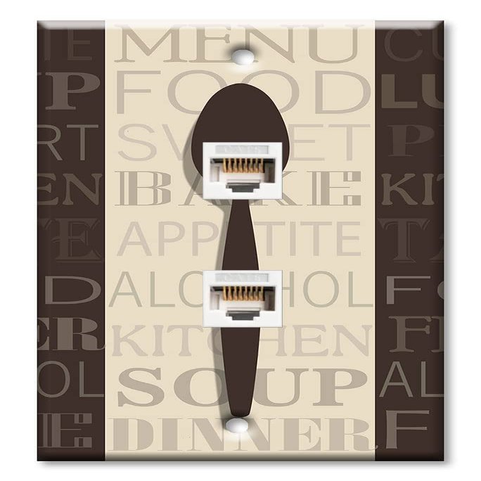 Art Plates - Two Port RJ45 Ethernet decorative printed keystone style wall plate. Works with Cat5 through Cat8 cables. Female to Female Connections. - Fork Knife and Spoon