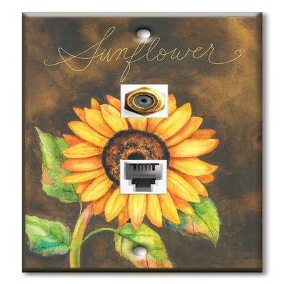 Art Plates - Decorative Printed 2 Port Data Wall Plate, F-Type Coaxial Cable Connector with RJ11 Telephone Connector, Gold-Plated - Sunflower