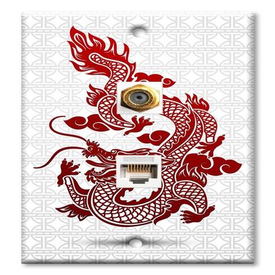 Art Plates - Decorative Printed 2 Port Data Wall Plate, RJ11 Telephone Jack Connector with RJ45 (Cat5, Cat6, Cat7) Ethernet Connector, Gold-Plated - Dragon
