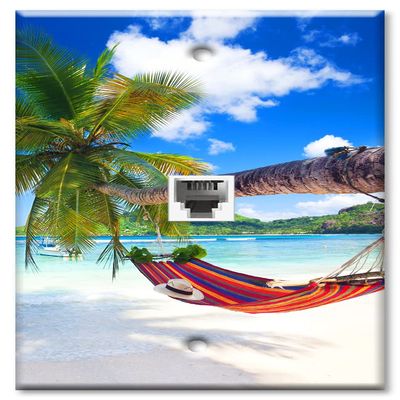 Art Plates - One Port RJ45 Ethernet decorative printed keystone style wall plate. Works with Cat5 through Cat8 cables. Female to Female Connection. - Tropical Beach Palm Tree Hammock