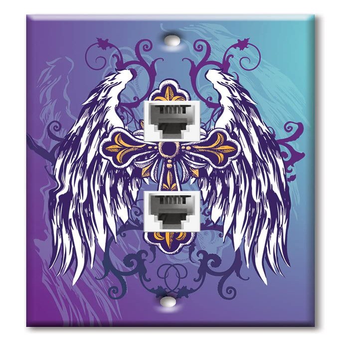 Art Plates - Two Port RJ11 - Telephone decorative printed keystone style wall plate. CAT3 - RJ12 Female to Female phone jack. Works for phones, fax, ect. - Winged Cross