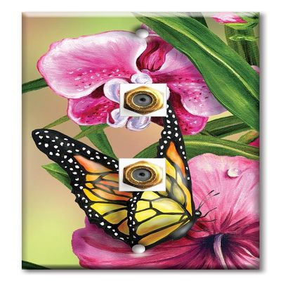 Art Plates - Decorative Printed 2 Port Coax Cable Wall Plate, 3GHz Coaxial Cable Connector, F-Type RG6 - RG59 Cable Extender Male to Male, Gold-Plated - Monarch and Flowers