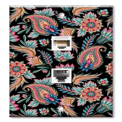 Art Plates - Decorative Printed 2 Port Data Wall Plate - RJ11 Telephone Jack Connector and RJ45 (Cat5, Cat6, Cat7) Ethernet Connector - Gold-Plated Contacts - Paisley Flowers