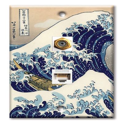 Art Plates - Decorative Printed 2 Port Data Wall Plate, RJ11 Telephone Jack Connector with RJ45 (Cat5, Cat6, Cat7) Ethernet Connector, Gold-Plated - Hokusai: Great Wave