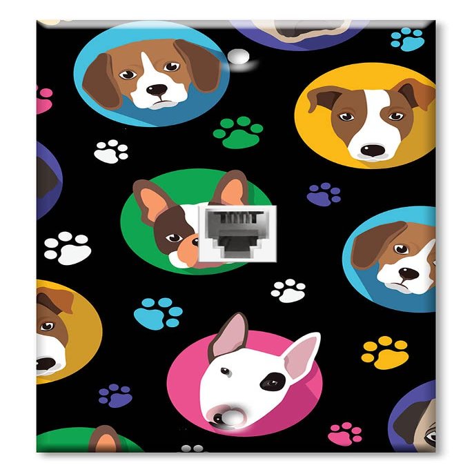 Art Plates - One Port RJ11 - Telephone decorative printed keystone style wall plate. CAT3 - RJ12 Female to Female phone jack. Works for phones, fax, ect. - Dog Heads