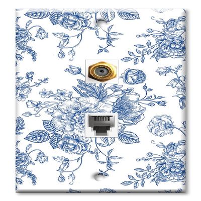Art Plates - Decorative Printed 2 Port Data Wall Plate, F-Type Coaxial Cable Connector with RJ11 Telephone Connector, Gold-Plated - Blue Flower Line Art