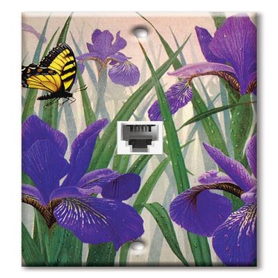 Art Plates - One Port RJ11 - Telephone decorative printed keystone style wall plate. CAT3 - RJ12 Female to Female phone jack. Works for phones, fax, ect. - Butterfly in Irises