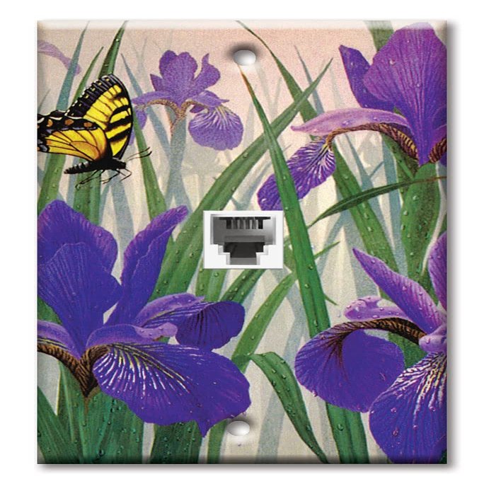Art Plates - One Port RJ11 - Telephone decorative printed keystone style wall plate. CAT3 - RJ12 Female to Female phone jack. Works for phones, fax, ect. - Butterfly in Irises