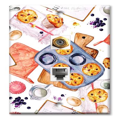 Art Plates - Decorative Printed 2 Port Data Wall Plate, F-Type Coaxial Cable Connector with RJ11 Telephone Connector, Gold-Plated - Baking