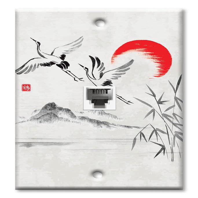 Art Plates - One Port RJ11 - Telephone decorative printed keystone style wall plate. CAT3 - RJ12 Female to Female phone jack. Works for phones, fax, ect. - Cranes Flying by the Sun Drawing