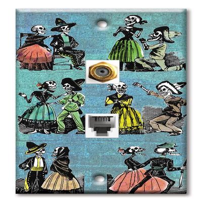Art Plates - Decorative Printed 2 Port Data Wall Plate, F-Type Coaxial Cable Connector with RJ11 Telephone Connector, Gold-Plated - Los Muertos