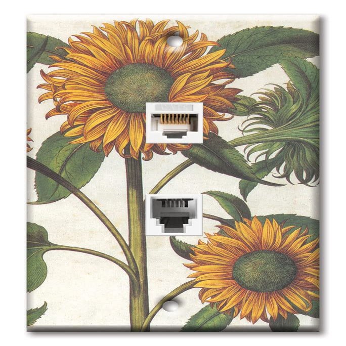 Art Plates - Decorative Printed 2 Port Data Wall Plate - RJ11 Telephone Jack Connector and RJ45 (Cat5, Cat6, Cat7) Ethernet Connector - Gold-Plated Contacts - Sunflowers