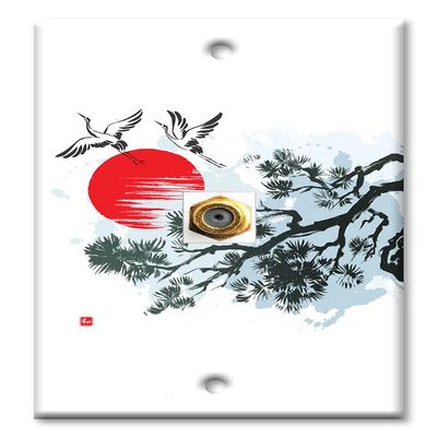 Art Plates - Decorative Printed 1 Port Coax Cable Wall Plate, 3GHz Coaxial Cable Connector, F-Type RG6 - RG59 Cable Extender Male to Male, Gold-Plated - Cranes Flying by a Tree Drawing