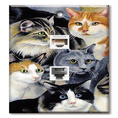 Art Plates - Decorative Printed 2 Port Data Wall Plate - RJ11 Telephone Jack Connector and RJ45 (Cat5, Cat6, Cat7) Ethernet Connector - Gold-Plated Contacts - Just Cats