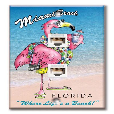 Art Plates - Two Port RJ45 Ethernet decorative printed keystone style wall plate. Works with Cat5 through Cat8 cables. Female to Female Connections. - Miami Flamingo - His