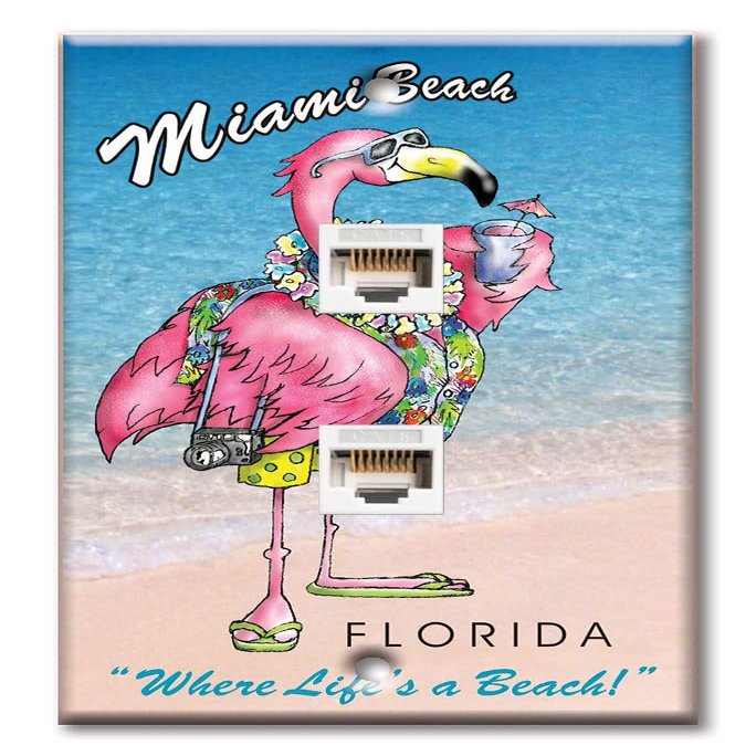 Art Plates - Two Port RJ45 Ethernet decorative printed keystone style wall plate. Works with Cat5 through Cat8 cables. Female to Female Connections. - Miami Flamingo - His