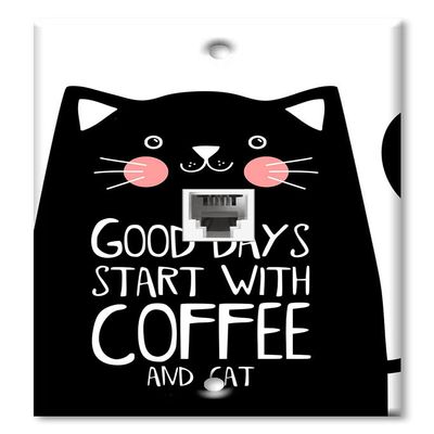 Art Plates - One Port RJ11 - Telephone decorative printed keystone style wall plate. CAT3 - RJ12 Female to Female phone jack. Works for phones, fax, ect. - Good Day starts with Coffee and Cats
