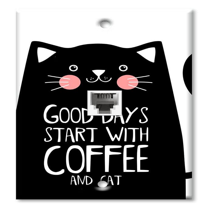 Art Plates - One Port RJ11 - Telephone decorative printed keystone style wall plate. CAT3 - RJ12 Female to Female phone jack. Works for phones, fax, ect. - Good Day starts with Coffee and Cats