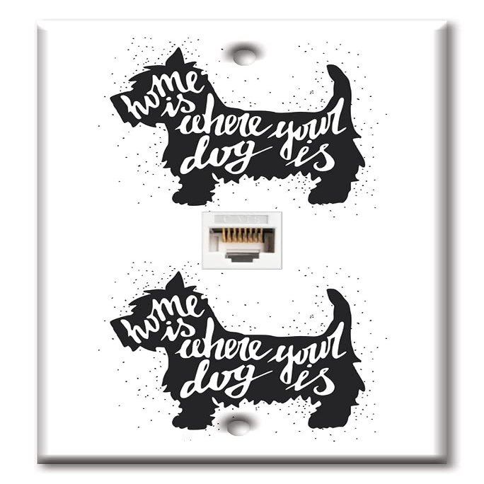 Art Plates - One Port RJ45 Ethernet decorative printed keystone style wall plate. Works with Cat5 through Cat8 cables. Female to Female Connection. - Home Is Where Your Dog