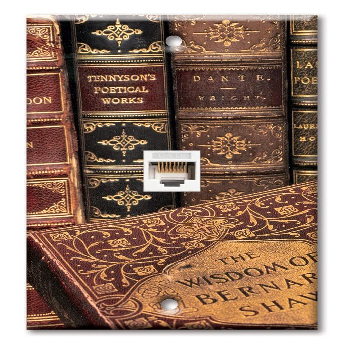 Art Plates - One Port RJ45 Ethernet decorative printed keystone style wall plate. Works with Cat5 through Cat8 cables. Female to Female Connection. - Books