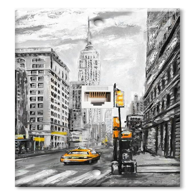 Art Plates - One Port RJ45 Ethernet decorative printed keystone style wall plate. Works with Cat5 through Cat8 cables. Female to Female Connection. - Love From New York
