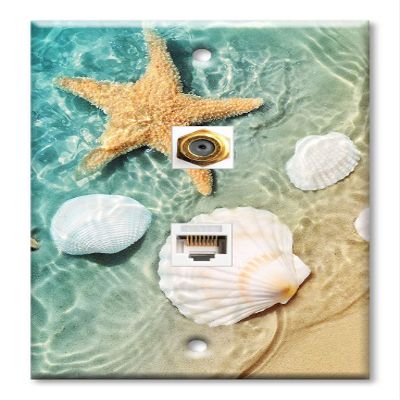 Art Plates - Decorative Printed 2 Port Data Wall Plate, RJ11 Telephone Jack Connector with RJ45 (Cat5, Cat6, Cat7) Ethernet Connector, Gold-Plated - Sea Shells and Star Fish in Ocean Beach Tide Pool