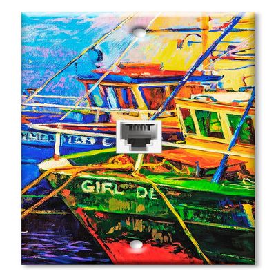 Art Plates - One Port RJ11 - Telephone decorative printed keystone style wall plate. CAT3 - RJ12 Female to Female phone jack. Works for phones, fax, ect. - Fishing Boats Tied Up