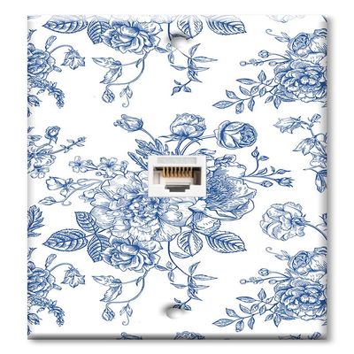 Art Plates - One Port RJ45 Ethernet decorative printed keystone style wall plate. Works with Cat5 through Cat8 cables. Female to Female Connection. - Blue Flower Line Art