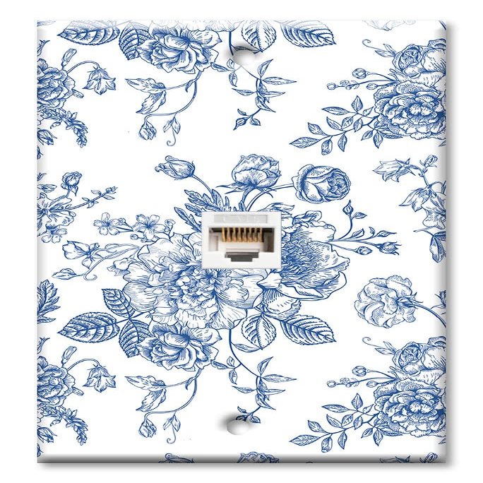 Art Plates - One Port RJ45 Ethernet decorative printed keystone style wall plate. Works with Cat5 through Cat8 cables. Female to Female Connection. - Blue Flower Line Art
