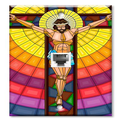 Art Plates - One Port RJ11 - Telephone decorative printed keystone style wall plate. CAT3 - RJ12 Female to Female phone jack. Works for phones, fax, ect. - Jesus On Cross Stained Glass