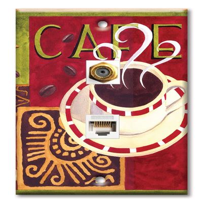 Art Plates - Decorative Printed 2 Port Data Wall Plate, RJ11 Telephone Jack Connector with RJ45 (Cat5, Cat6, Cat7) Ethernet Connector, Gold-Plated - Coffee Cafe