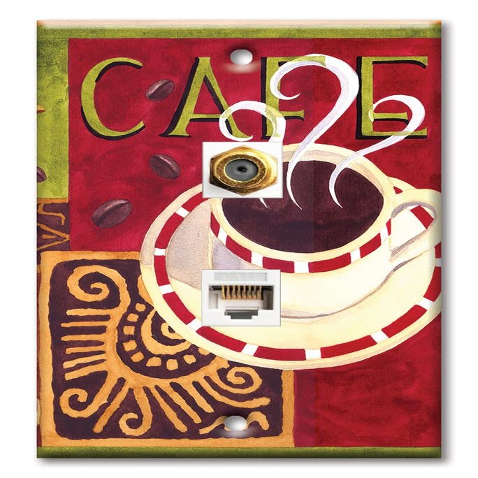 Art Plates - Decorative Printed 2 Port Data Wall Plate, RJ11 Telephone Jack Connector with RJ45 (Cat5, Cat6, Cat7) Ethernet Connector, Gold-Plated - Coffee Cafe
