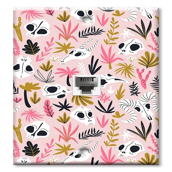 Art Plates - One Port RJ11 - Telephone decorative printed keystone style wall plate. CAT3 - RJ12 Female to Female phone jack. Works for phones, fax, ect. - Pink Skull Toss