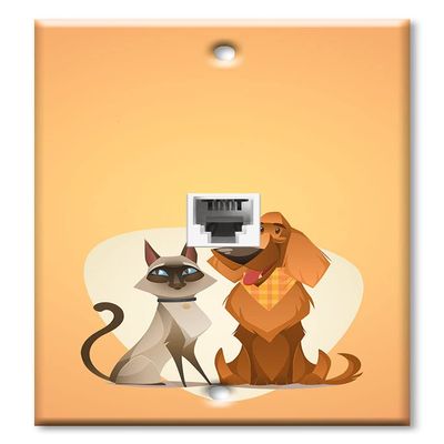 Art Plates - One Port RJ11 - Telephone decorative printed keystone style wall plate. CAT3 - RJ12 Female to Female phone jack. Works for phones, fax, ect. - Cat and Dog Orange Background