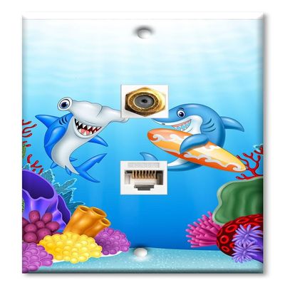 Art Plates - Decorative Printed 2 Port Data Wall Plate, RJ11 Telephone Jack Connector with RJ45 (Cat5, Cat6, Cat7) Ethernet Connector, Gold-Plated - Friendly Sharks