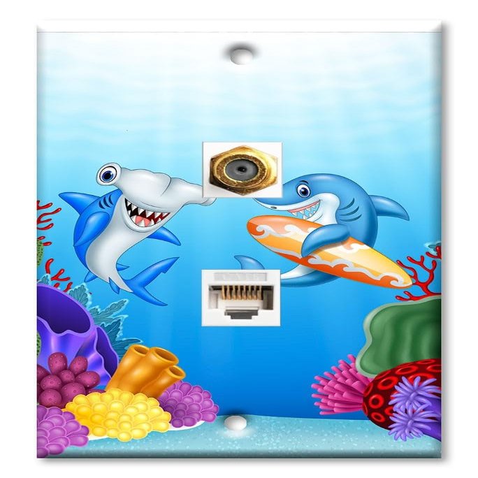 Art Plates - Decorative Printed 2 Port Data Wall Plate, RJ11 Telephone Jack Connector with RJ45 (Cat5, Cat6, Cat7) Ethernet Connector, Gold-Plated - Friendly Sharks